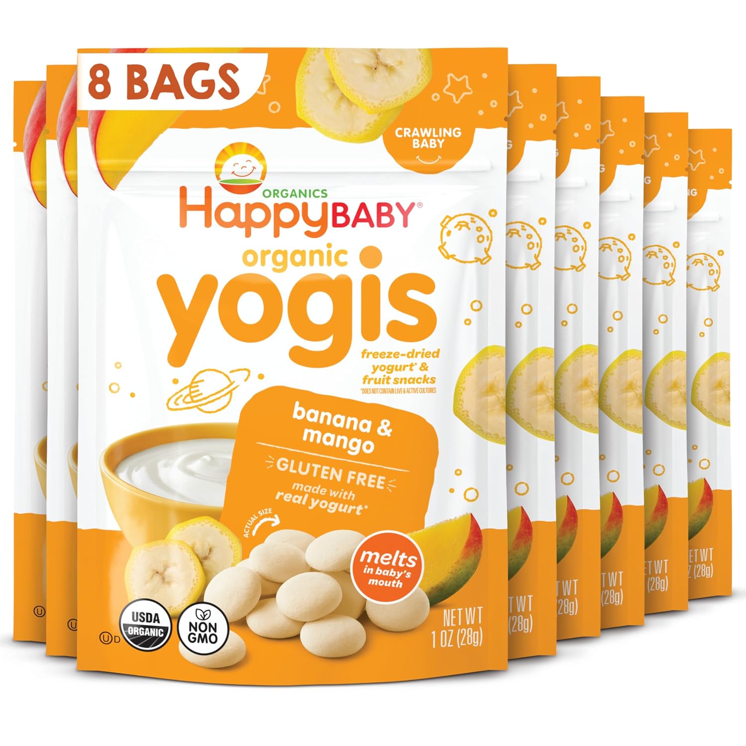 Happy Baby Organics Yogis Freeze-Dried Yogurt & Fruit Snacks, Banana & Mango, 1 Ounce Bag (Pack of 8) packaging may vary
