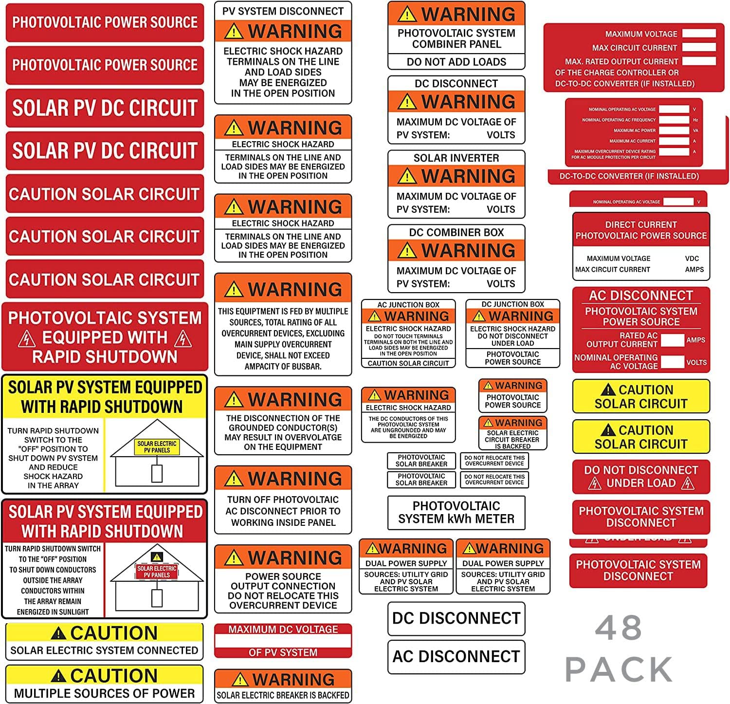 10 Set of 48 Pack PV Solar System Install Label Kit, Joyfulmap 480 Pcs Photovoltaic Safety Labels, Photovoltaic Power Source Labels, Caution Labels, Solar PV Safety Warning Pack
