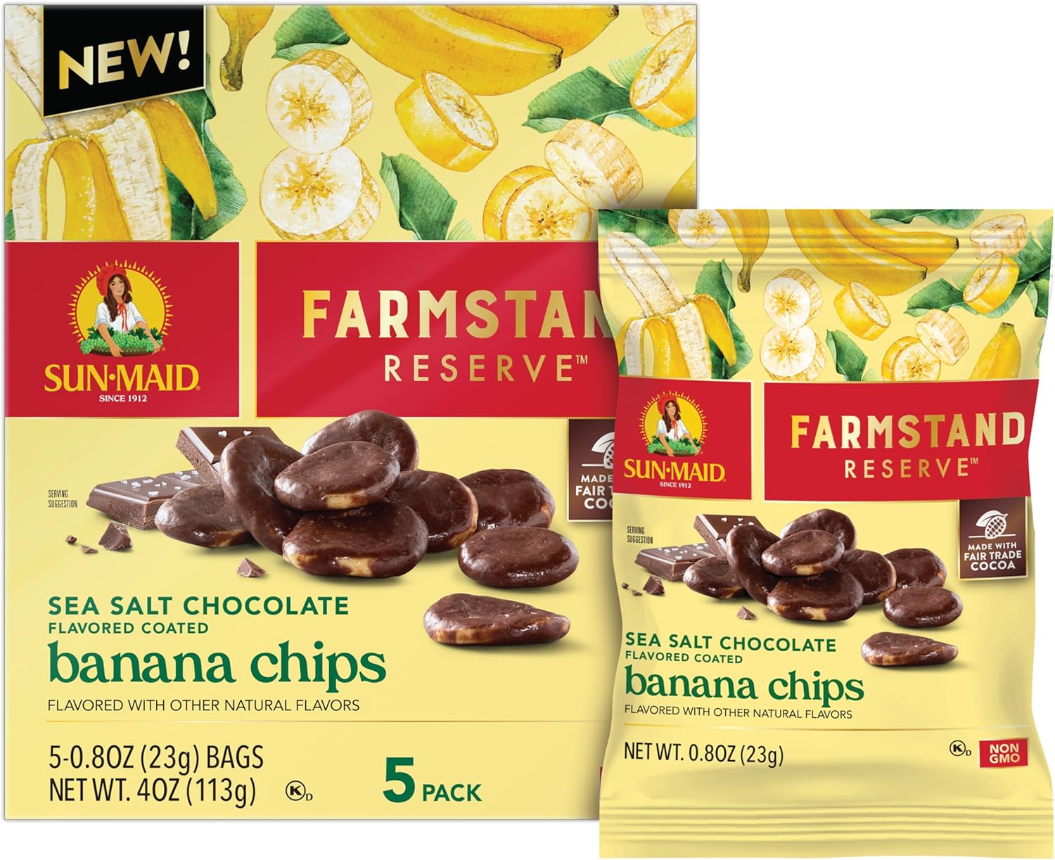 Sun-Maid Farmstand Reserve Sea Salt Banana Chips Chocolate Coated 5 Pack 23ml Snack Bag