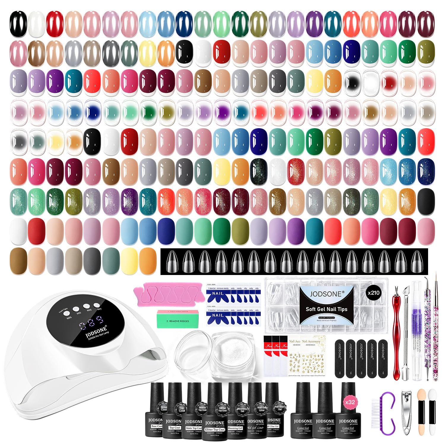 JODSONE 32 Colors Gel Nail Polish Kit with U V Lamp White Pearl Chrome Nail Powder 210pcs Almond Nail Tips All Kinds of Manicure Tools Kit