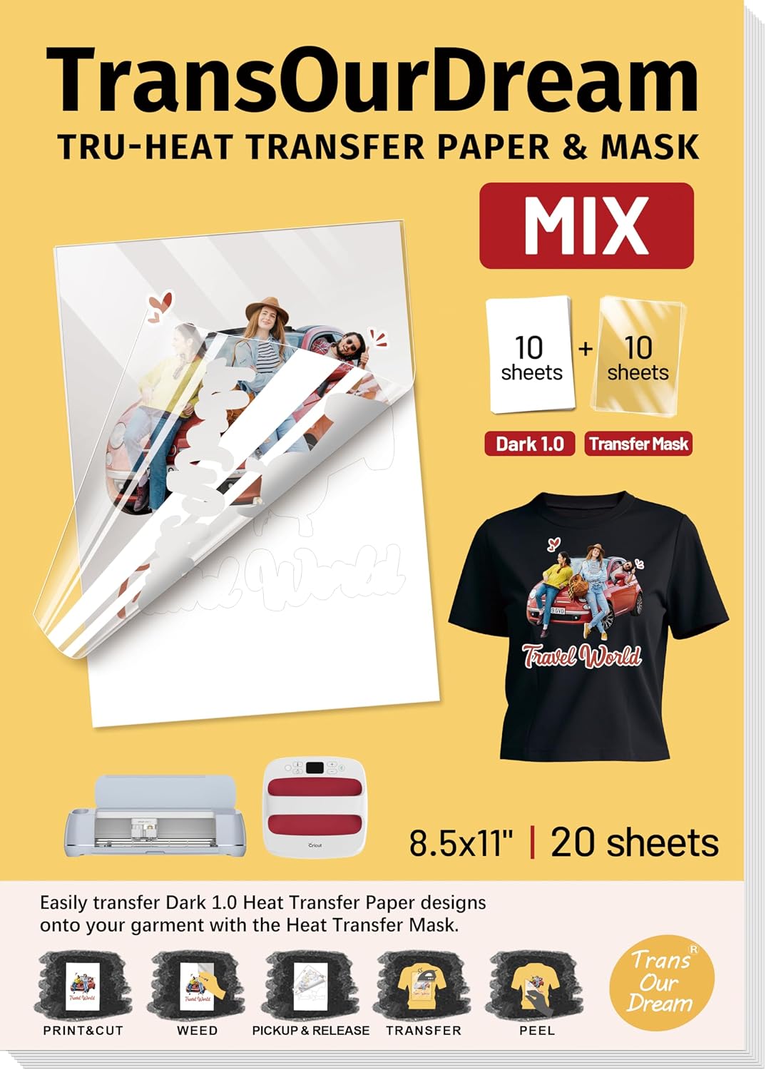TransOurDream Heat Transfer Paper for Dark Fabric (10+10 Sheets,8.5"x11") Printable HTV Vinyl for Inkjet Printer, Iron on Transfers for Tshirts
