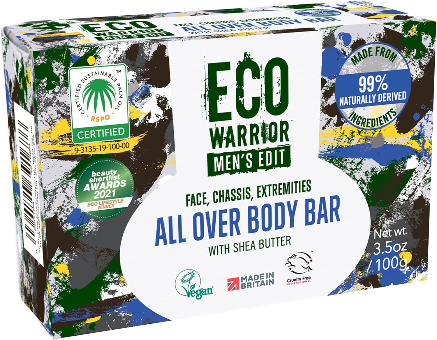 Eco Warrior Men's Edit All Over Body Soap Bar | Vegan, Natural, Cruelty-Free, Eco Friendly | Free from SLS or Parabens | Nourishing Mens Soap with Shea Butter and Essential Oils | Mens Gifts, 100g