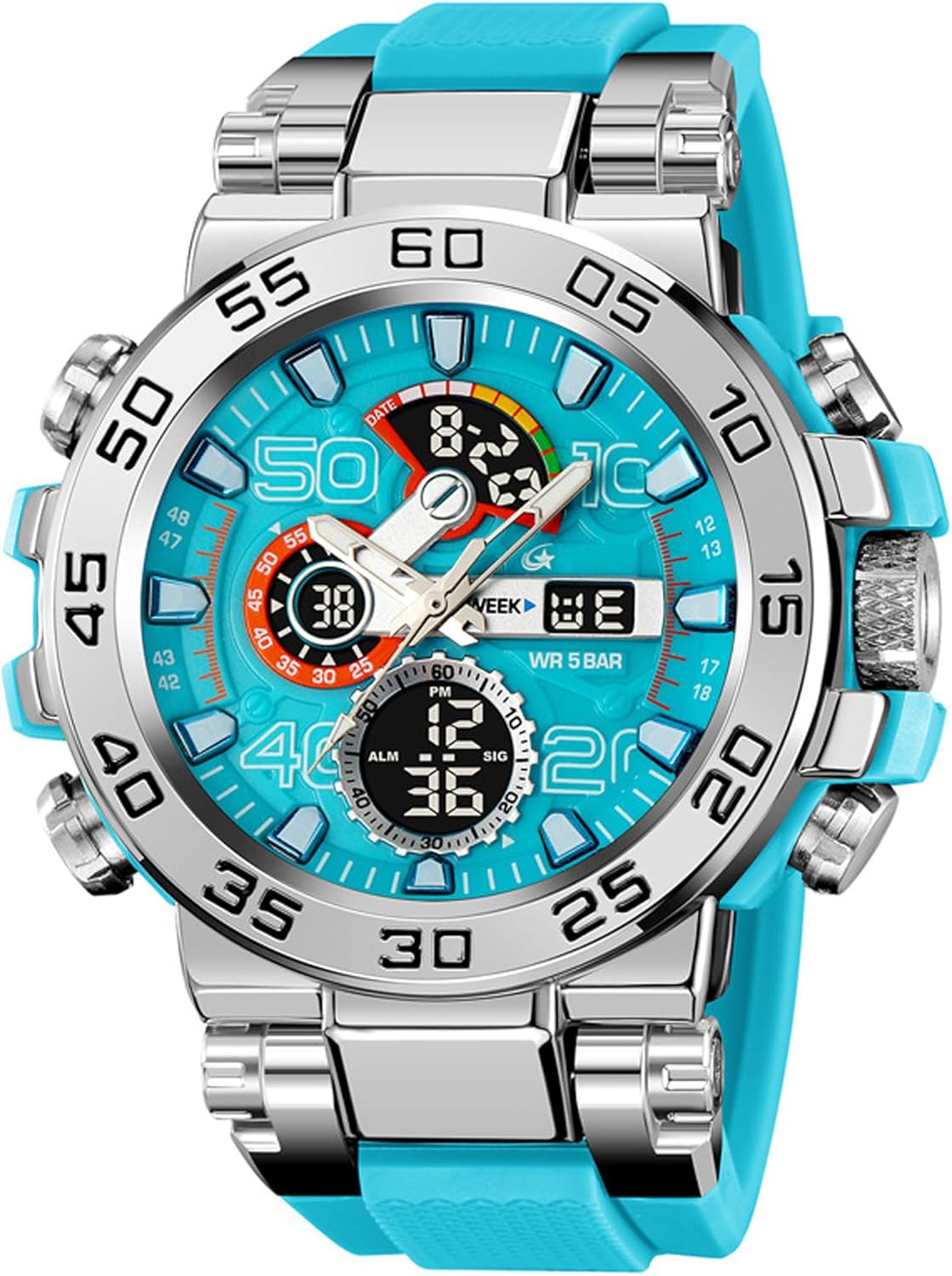 findtime Mens Watch Sport Military Watches Waterproof Digital Analogue Watch Tactical Outdoor Big Face Wrist Watches Dual Time LED Luminous Alarm Stopwatch