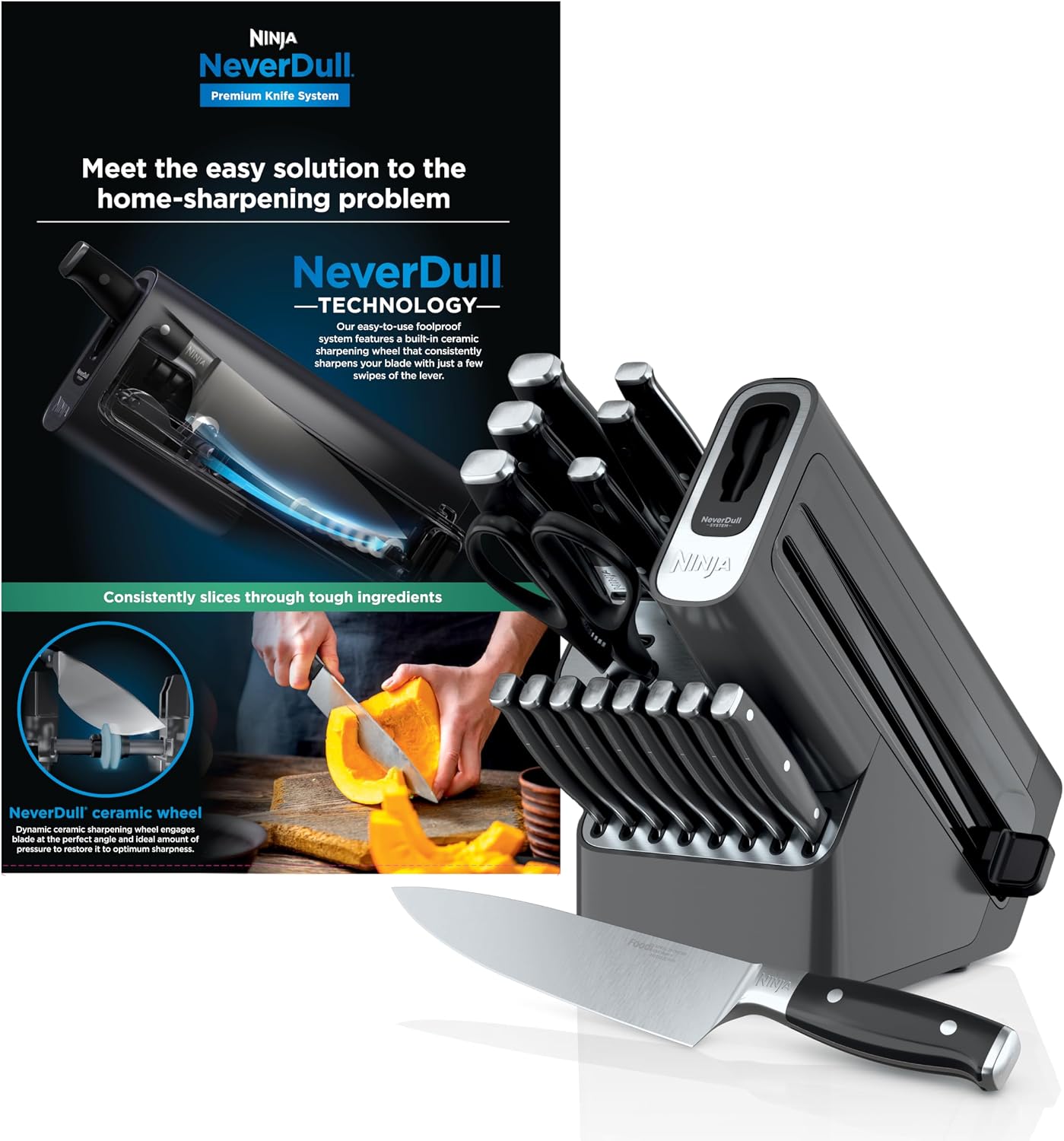 Ninja® NeverDull™ 17-Pc Knife Block Set, Built-in Sharpener, Black, K32017 | Stays razor-sharp 10+ years. Rust-resistant German stainless steel blades. Few swipes of the foolproof sharpener restore edge