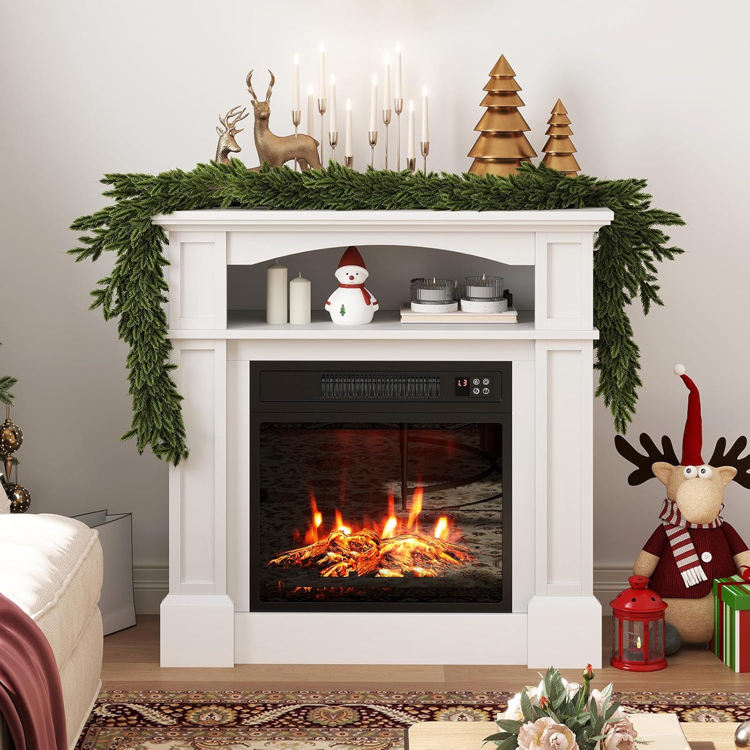ORALNER 32” Electric Fireplace with Mantel, Package Wooden Firebox Surround Freestanding 18“ Fireplace Insert Heater w/ 3 Flame Effects, Remote & 6H Timer, Overheat Protection, 1400W (White)