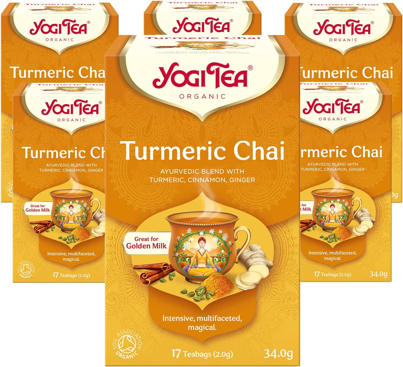 Yogi Tea, Turmeric Chai, Organic Herbal Tea, Great for Golden Milk, Blend of Turmeric, Cinnamon and Ginger, 6 Packs x 17 Tea Bags (102 Teabags Total)