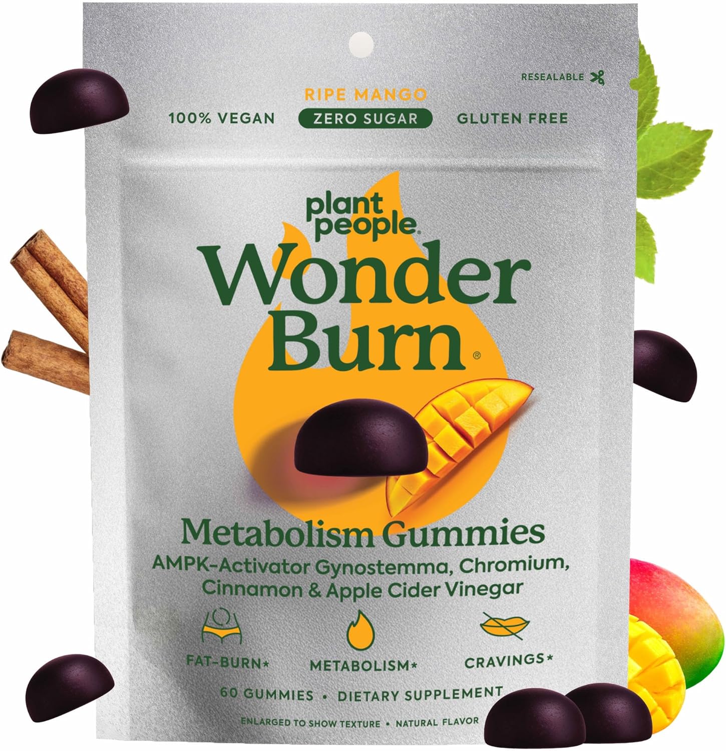 Plant People WonderBurn Metabolism & Cravings Control Gummies, Zero Sugar, Ripe Mango Flavor (60 Count)
