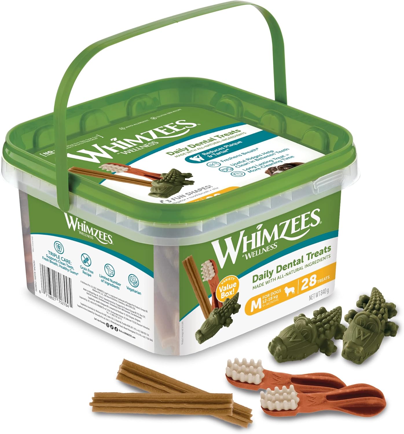 WHIMZEES By Wellness Variety Box Dental M, Mixed Shapes, Size M, 28 Pieces, Natural and Grain Free Dog Chews, Dog Dental Sticks for Medium Breeds, No Added Sugar