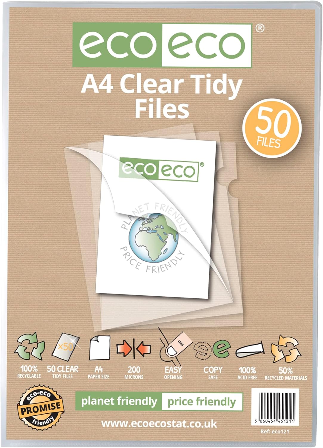 eco-eco Stationery A4 50% Recycled Bag 50 Tidy Report Files, 200 Micron Open Top & Side Covers File Wallets Clear Cut Flush, eco121