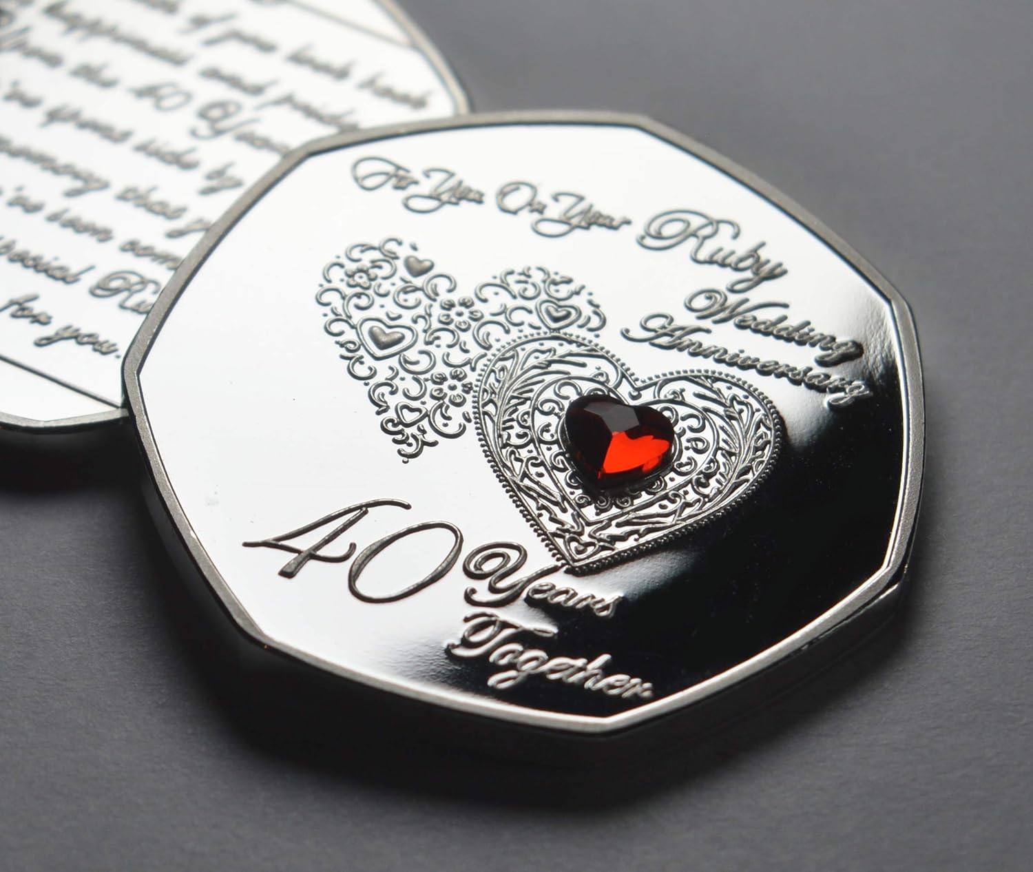 The Commemorative Coin Company 40th RUBY WEDDING ANNIVERSARY Silver Commemorative with Ruby Gemstone. Gift/Present. 40 Years Together. Husband/Wife/Parents