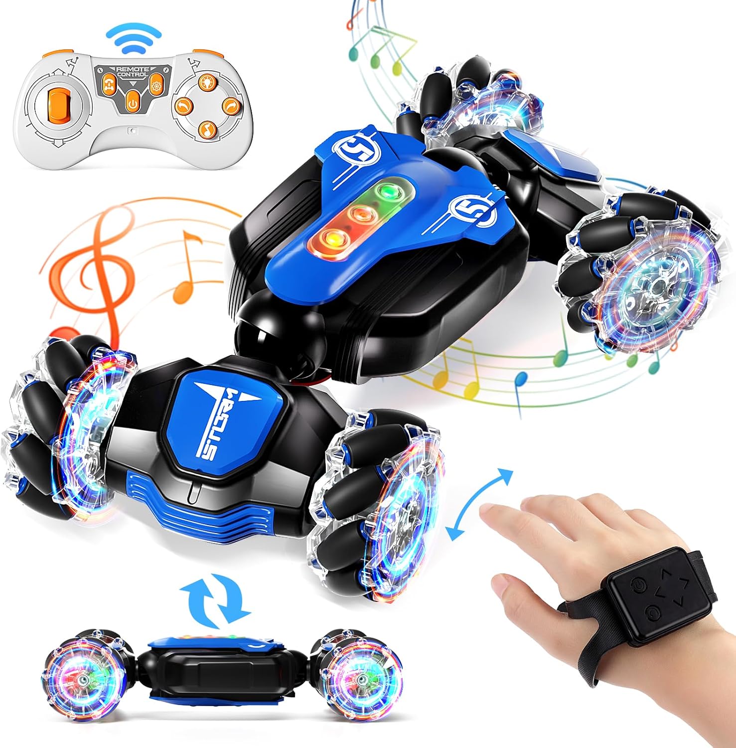 Remote Control Car - 2.4GHz 4WD Gesture Sensing RC Stunt Toy With Cool Music and Light, Double-Sided Rotating 360 Flips, Gifts for 6-12 Boys Birthday (Blue)