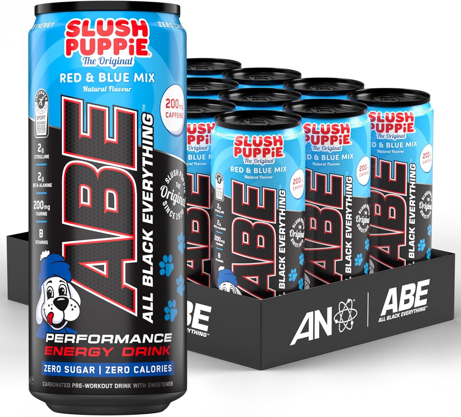 Applied Nutrition ABE Pre Workout Cans - All Black Everything Energy + Performance Drink, ABE Carbonated Beverage Sugar Free with Caffeine (Pack of 12 Cans x 330ml) (Slush Puppie Red + Blue)