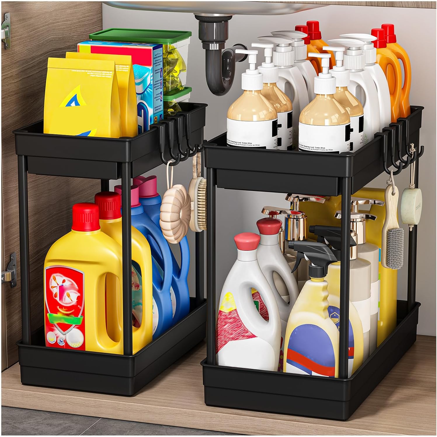 TidyTrove 2 Pack Under Sink Storage - Kitchen Storage and Organisation, 2 Tier Under Sink Shelf, Multi-Purpose Organisation for Kitchen Bathroom,Black