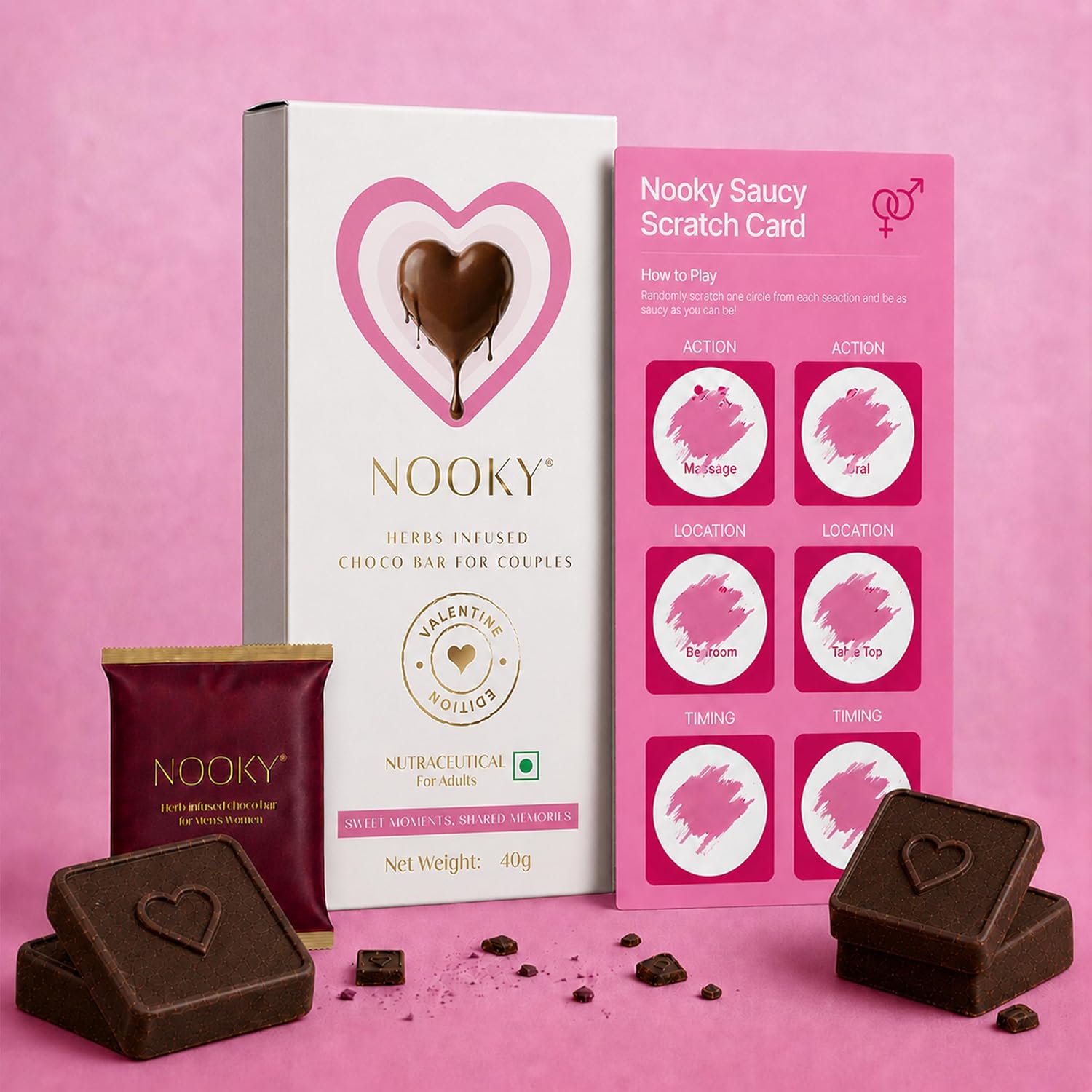 Nooky Valentine Edition Chocolate Gift Kit | Mood-Uplifting Dark Chocolate 2 Dark Chocolates + 1 Saucy Card | Valentine Gift Set for Men and Women | 40 gms | Pack of 1
