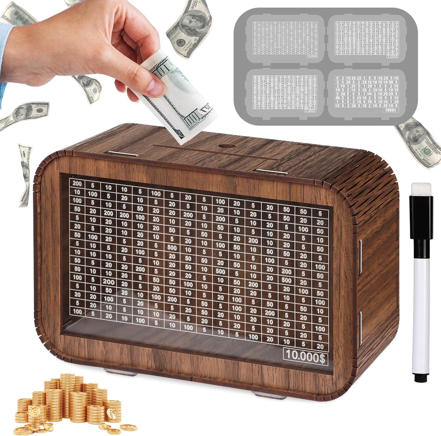 4-in-1 Piggy Bank for Adults Kids - Fully Assembled Wooden Money Saving Challenge Box(1000/3000/5000/10000) - Money Bank with Counter and Dry Erase Pen - Kakeibo Money Box for Cash Coin - BestGift