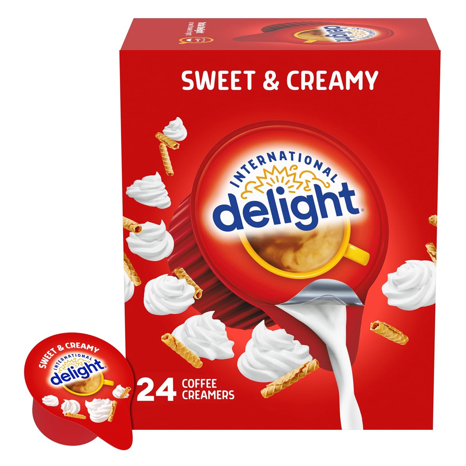 International Delight Coffee Creamer Singles, Sweet & Creamy, Shelf Stable Flavored Creamer, 24 Ct, 16 FL Oz, Pre-Portioned Creamers