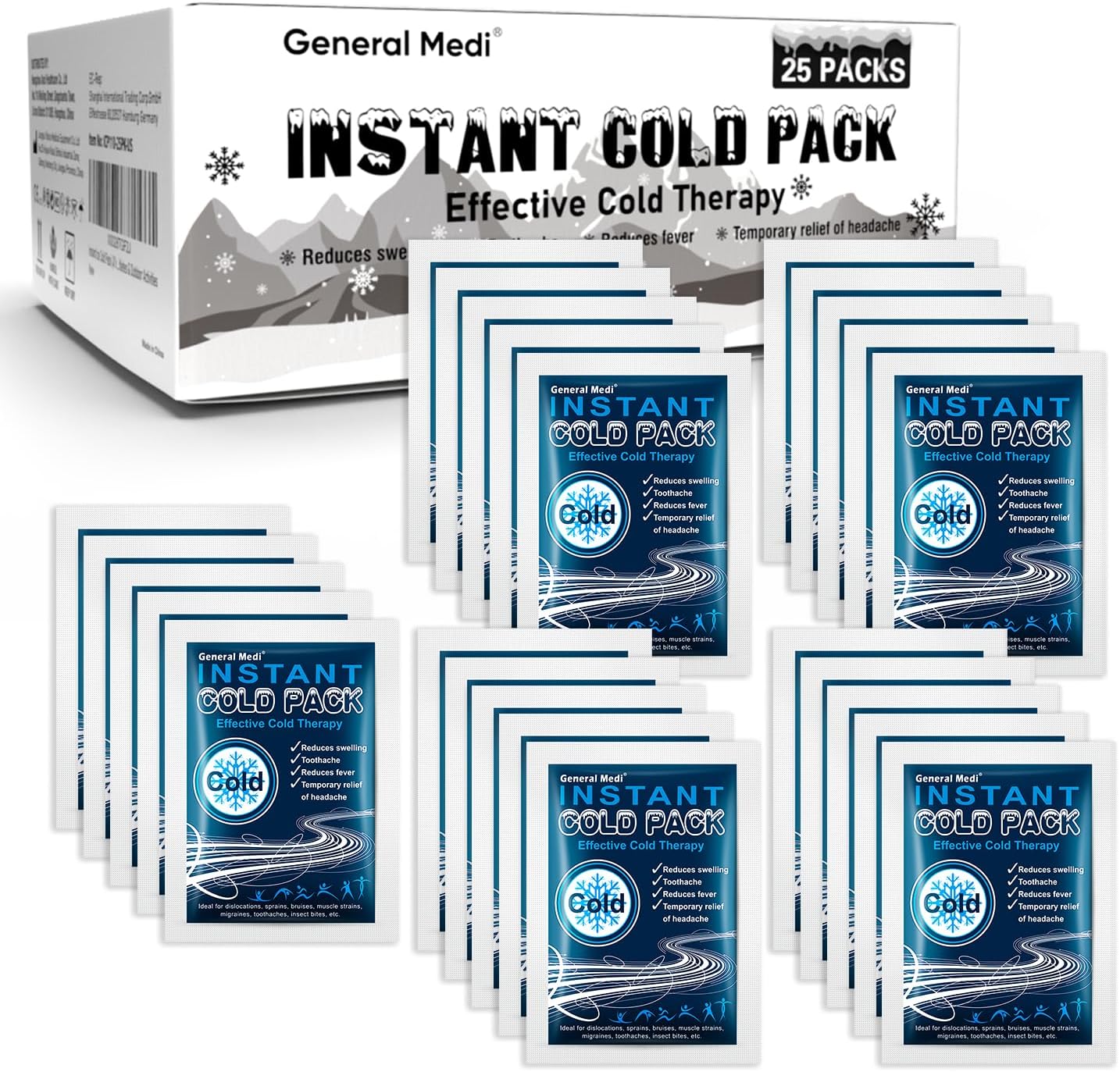 General Medi Instant Cold Pack (10x14cm) – Set of 25 Disposable Cold Therapy Packs for Pain Relief, Swelling, Inflammation, Sprains, Strained Muscles, Toothache – for Athletes & Outdoor Activities