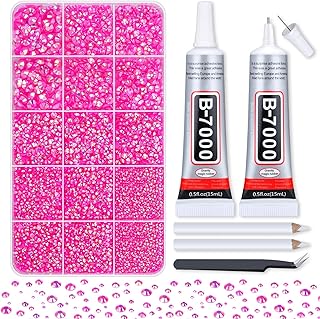 B7000 Adhesive Glue with 14000Pcs Hot Pink Rhinestones for Crafts, Rose AB Color Jelly Rhinestones Flatback Resin Bling Gems with Tweezer for Shoes, Tumblers, Clothes Decoration