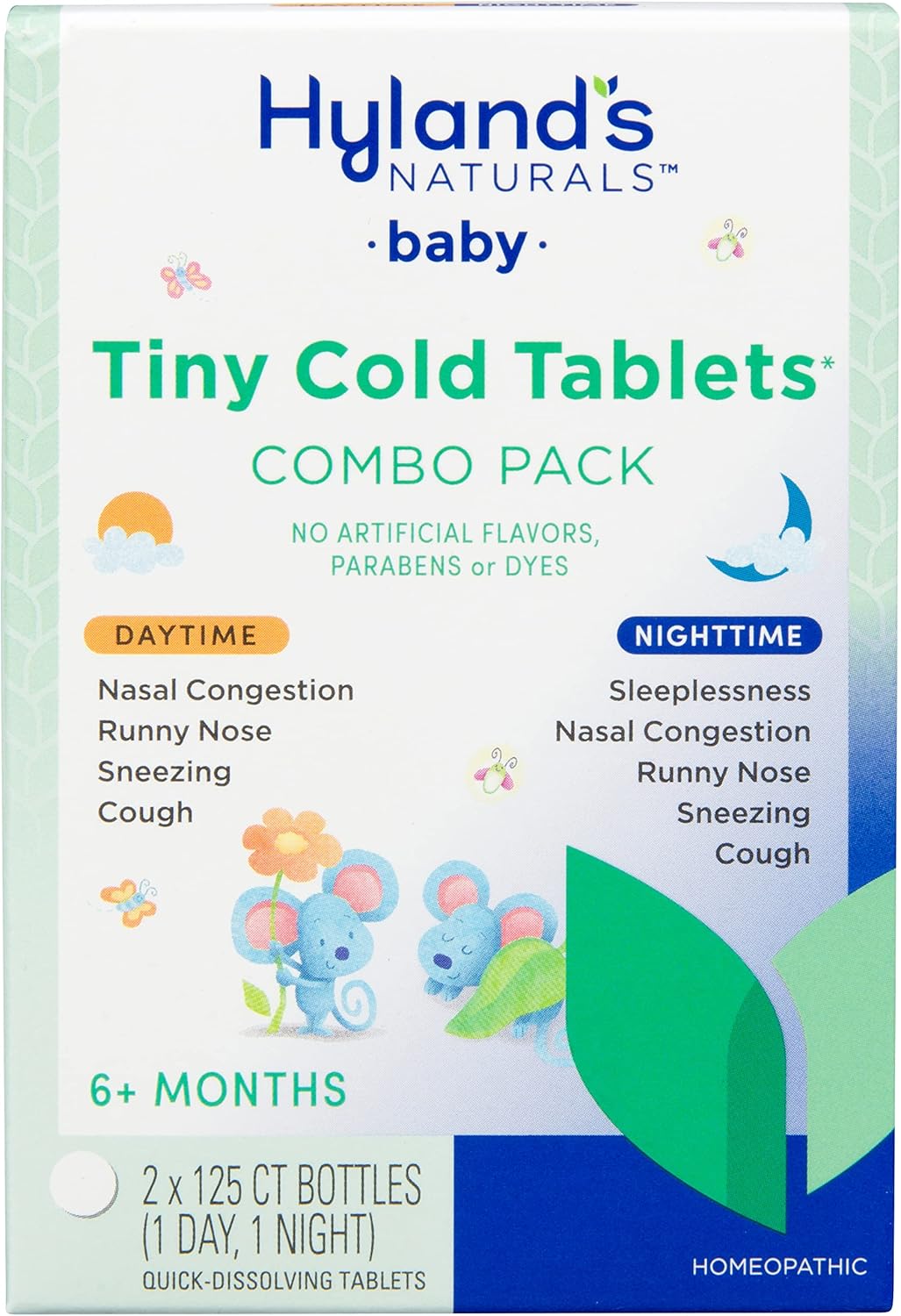 Hyland’s Baby Tiny Cold Tablets, Day and Night Value Pack, Infant and Baby Cold Medicine, Decongestant, Runny Nose and Cough Relief, 250 Quick-Dissolving Tablets
