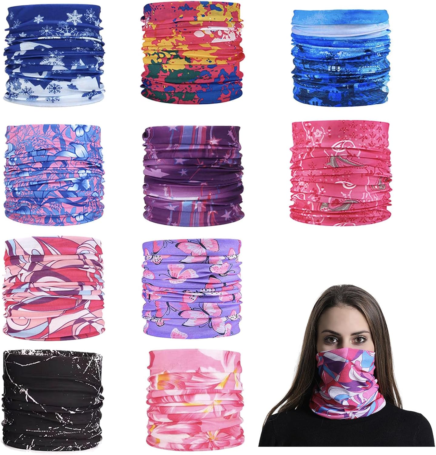 10 Pcs Multifunctional Headwear Bandana Snoods Washable Face Coverings Neck Scarf Headscarf, Elastic Headband Bandana, Men Windproof Neck Gaiter Scarf for Sports Outdoor Fishing Cycling