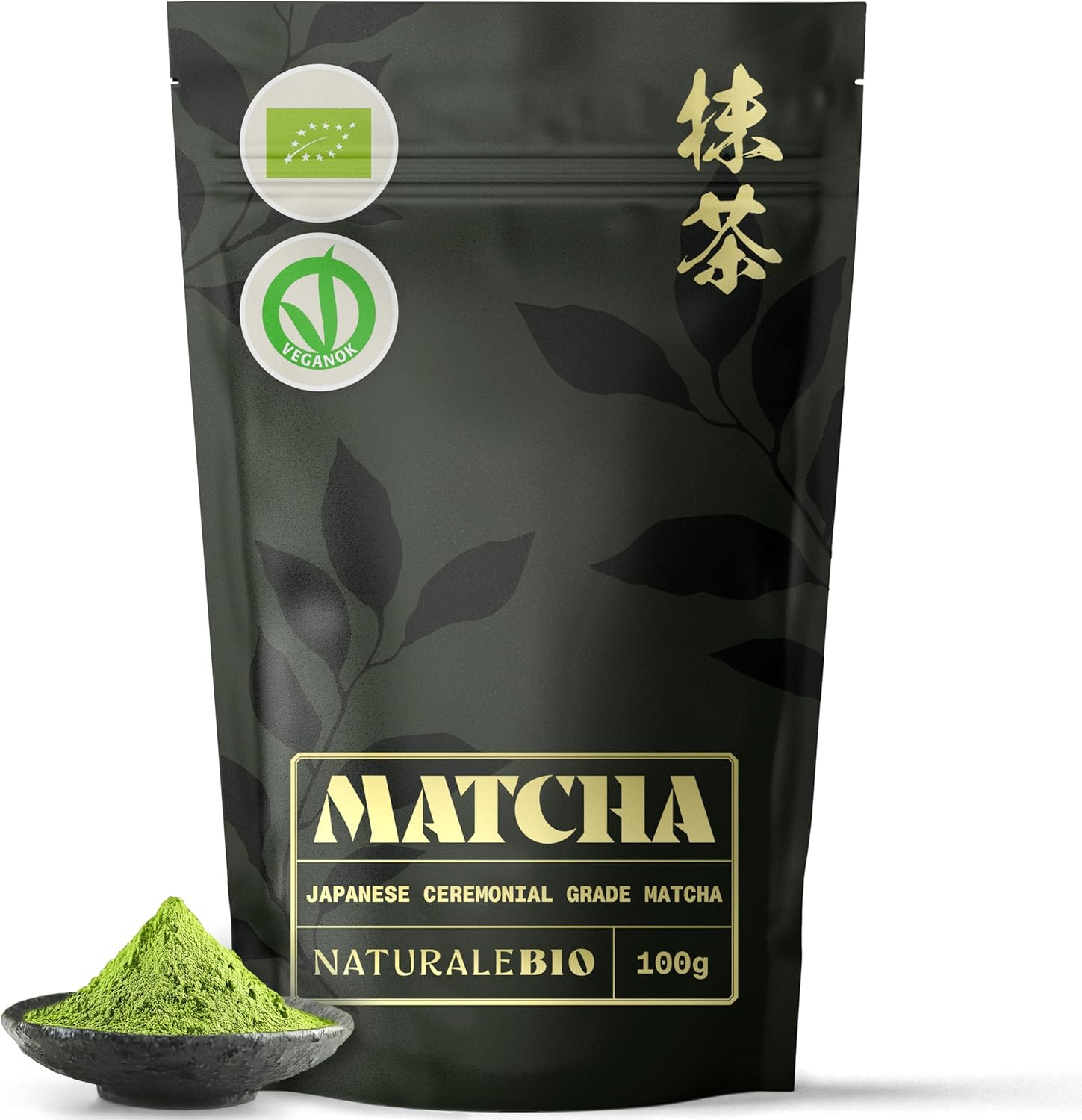 NaturaleBio Matcha Green Tea Powder. Ceremonial Grade Organic, 100g. from Uji, Kyoto for Traditional Japanese Tea Ceremony. Free of Added Sugars and Preservatives.