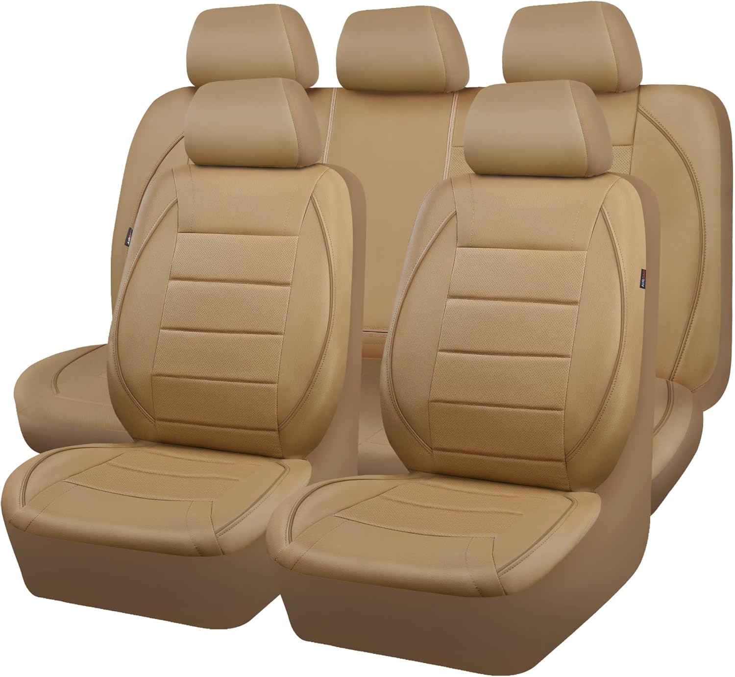 CAR PASS Piping Leather Seat Cover,Universal FIT with Composite Sponge Inside,Airbag Compatible and Reserved Opening Holes,Inside zipper for Cars,Sedan,SUV,Truck(Full Set,Beige with Tan Piping-Stripe)