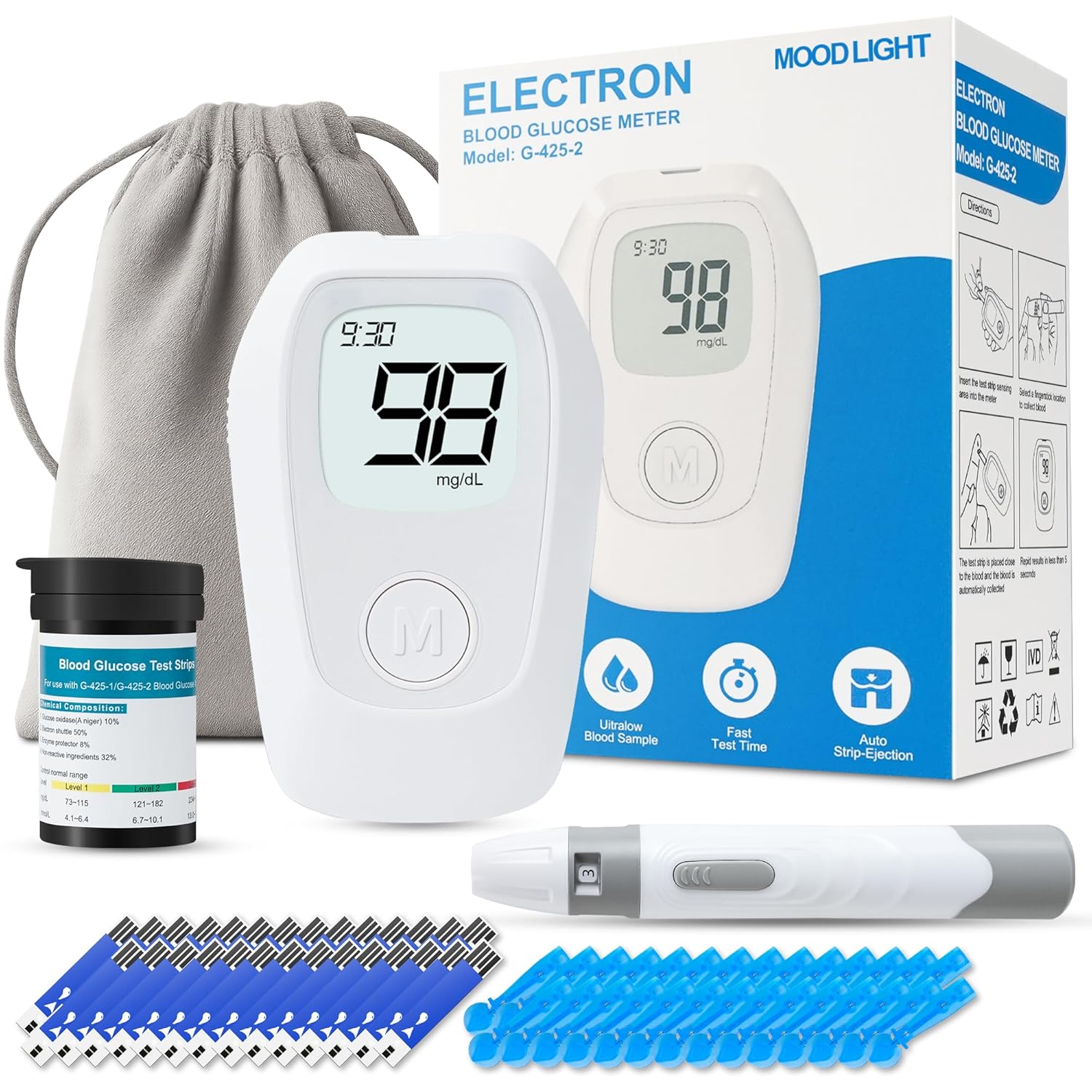 Blood Glucose Monitor Kit, Blood Sugar Testing kit with 50 Blood Sugar Test Strips, 50 Lancets, Blood Glucose Meter for Medical Accuracy, 5-Second Test Meter Glucometer Kit for Diabetes Testing