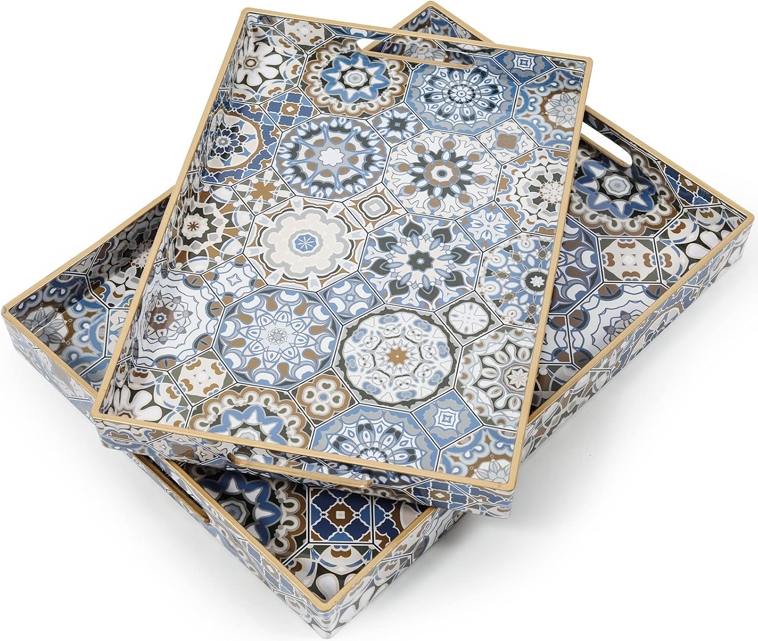 2 Pcs Serving Tray with Handles Bohemian Decorative Tray Large Ottoman Tray for Living Room Blue Coffee Table Tray