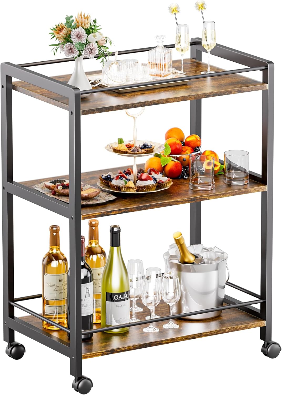 HITNET Bar Cart for the Home, Home Bar Serving Cart with Wheels and Storage Shelves, 3 Tier Rolling Liquor Beverage Cart for Kitchen Dining Living Room, Rustic Brown and Black