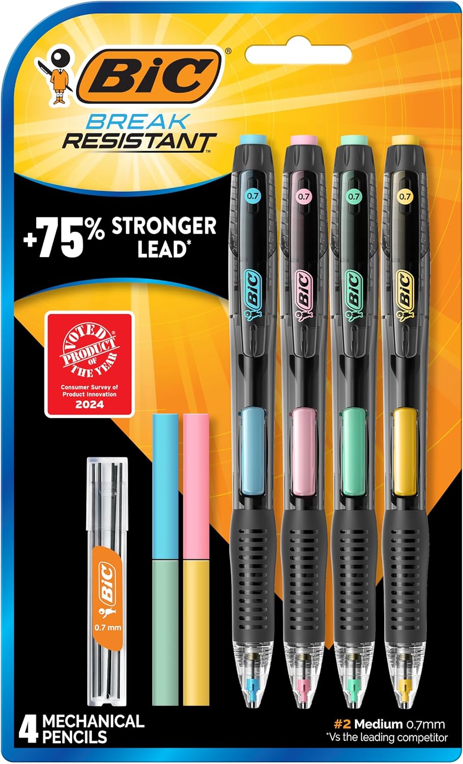 BIC Break-Resistant Mechanical Pencils with Erasers, No. 2 Medium Point (0.7mm), 4-Count Pack for School or Office Supplies