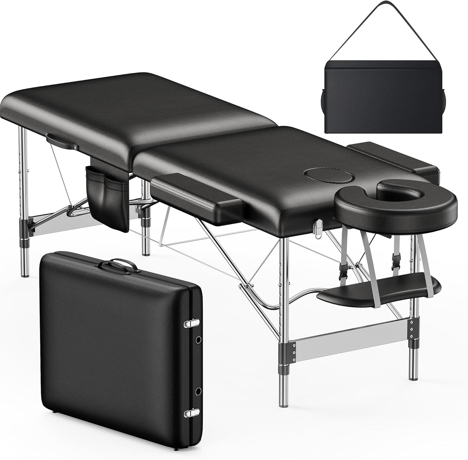 Brelley Massage Table Portable, 2-Fold Lash Bed with Side Pocket, Adjustable Height, Sturdy Aluminum Frame, Esthetician Spa Facial Bed, Tattoo Bed with Face Cradle & Carrying Bag, Black