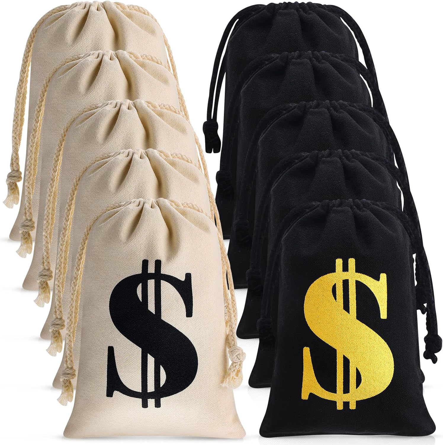 Shihanee 12 Pcs 9 x 6.3 Inches Canvas Money Bag with Drawstring Closure Costume Money Bag Pouch Dollar Sign Carrying Sack Prop for Party favor Bank Robber Pirate Cowboy Cosplay Theme Party
