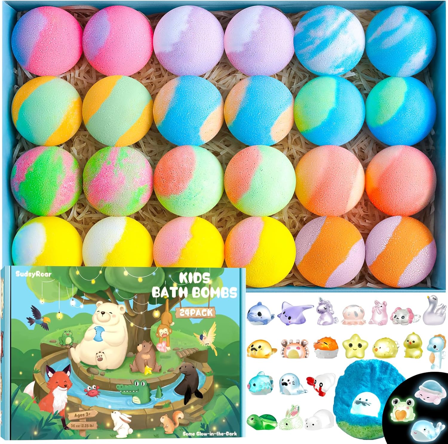 Bath Bombs for Kids with Surprise Inside – 24 Pack Handmade Bath Bombs with Glow-in-The-Dark Land & Sea Toys, Fizzy Bath Salt Balls, Birthday Party Favors for Boys and Girls