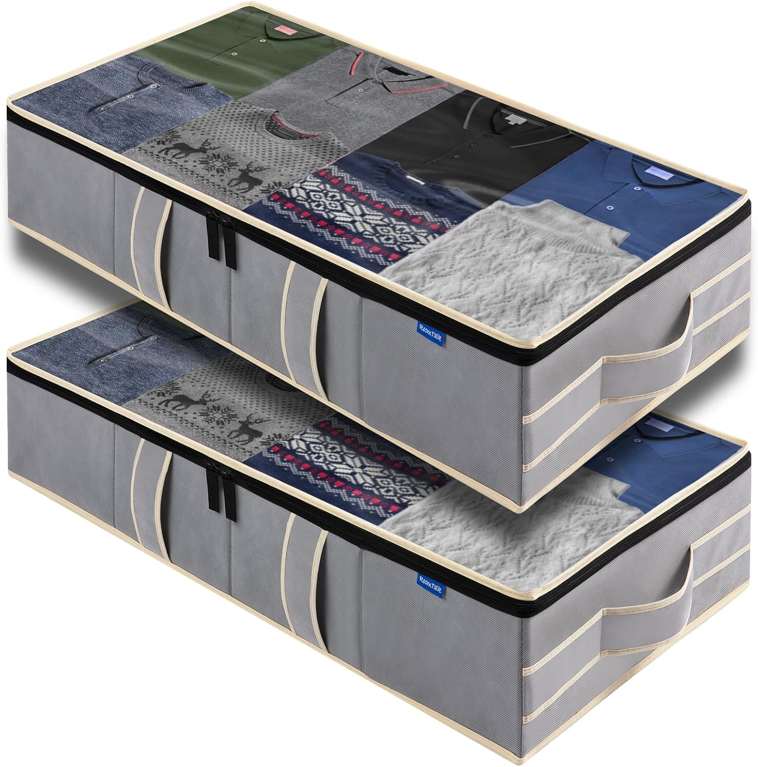 2 Pack Under Bed Storage, Underbed Organizer Foldable Container Bins with Top Large Window Lid, 4 Durable Handles for Comforter Blankets Clothes (31.5 W x 15.7 D x 5.9 H Inches, Light Grey)