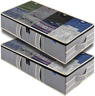 2 Pack Under Bed Storage, Underbed Organizer Foldable Container Bins with Top Large Window Lid, 4 Durable Handles for Comforter Blankets Clothes (31.5 W x 15.7 D x 5.9 H Inches, Light Grey)