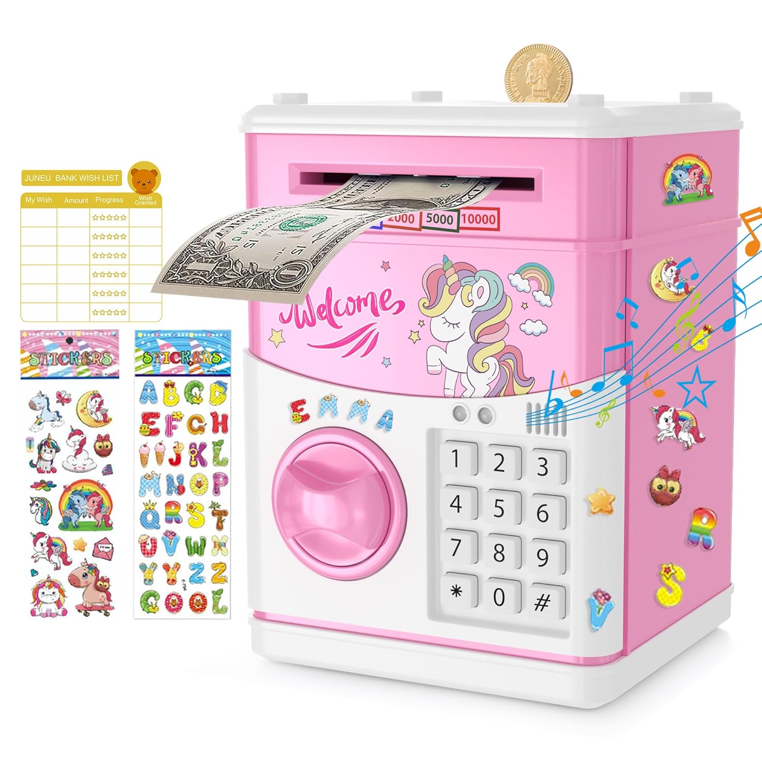 JUNEU Unicorn Piggy Bank for Kids, Gifts for 5 6 7 8 9 10 Year Old Girls, Kids Electronic Piggy Bank, Girls Birthday Gifts, Toys for Girl Boys, Kids Money Saving Bank