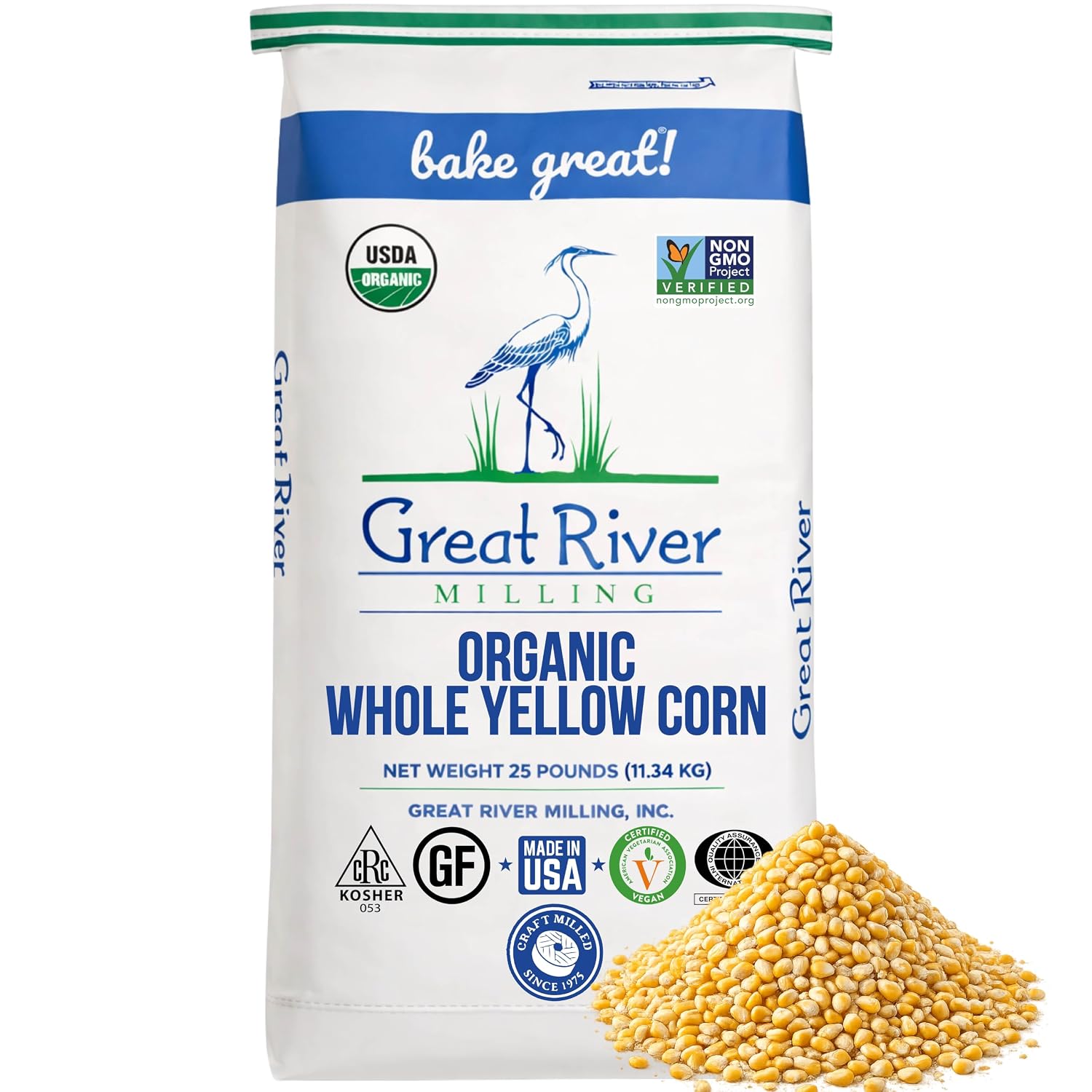 Great River Milling Organic Whole Corn | Whole Grain Yellow Corn for Milling, Cooking & Baking | USDA Organic, Non-GMO, Kosher | Ideal for Cornmeal, Grits & Hominy | 25 Lb