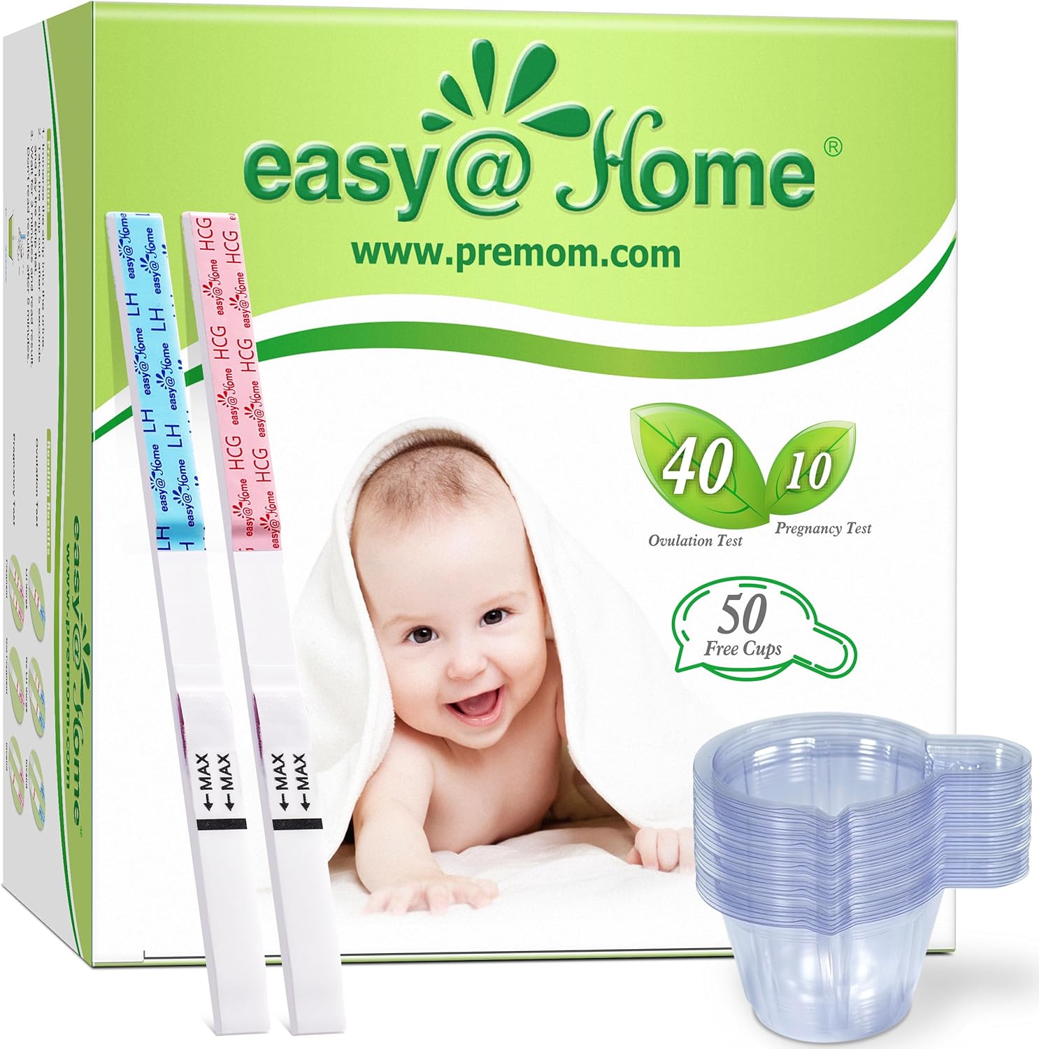 Easy@Home Ovulation & Pregnancy Test Strips Kit: 40 Ovulation Strips and 10 Pregnancy Tests– Accurate Fertility Tracker OPK - Powered by Premom APP | 40LH + 10HCG + 50 Urine Cups