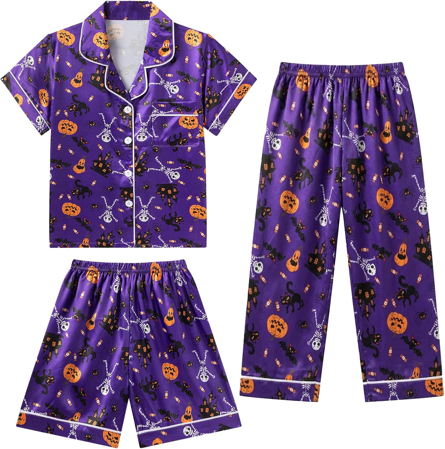 DIPUG Girls Pajamas 3 Pcs Satin PJs Set Silky Soft Sleepwear for Ages 4-13