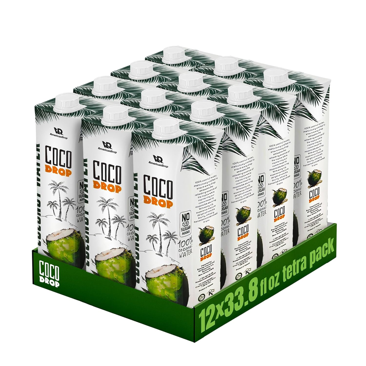 Coco Drop 100% Pure Coconut Water – No Sugar Added, Unsweetened, Non-GMO, 33.8 fl oz Bottle (Pack of 12)