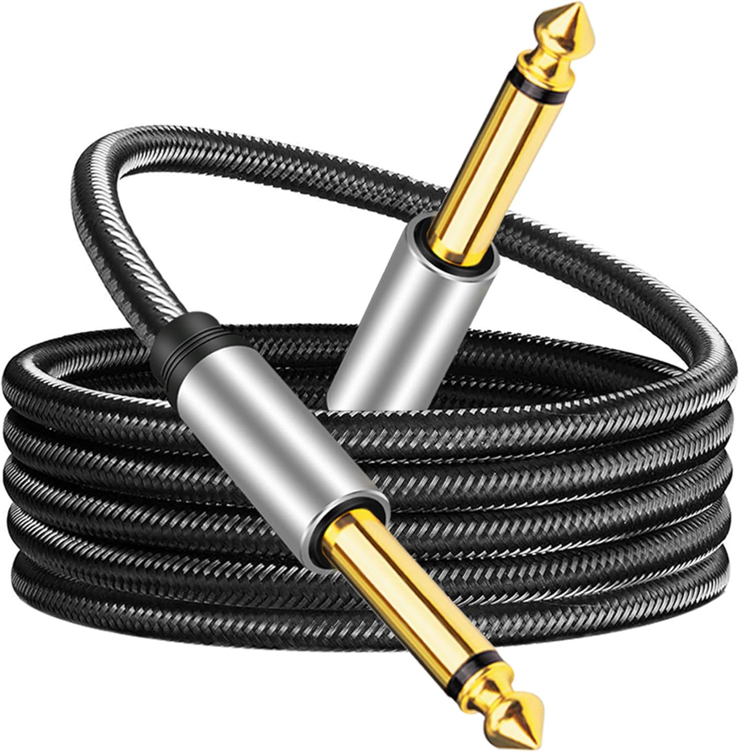 6.35mm Instrument Cable 6Ft,Silver Color Premium 6.35mm Mono Jack 1/4" TS Cable Unbalanced Guitar Patch Cords/Instrument Cable Male to Male with Zinc Alloy Housing and Nylon Braid(6Ft/2M)