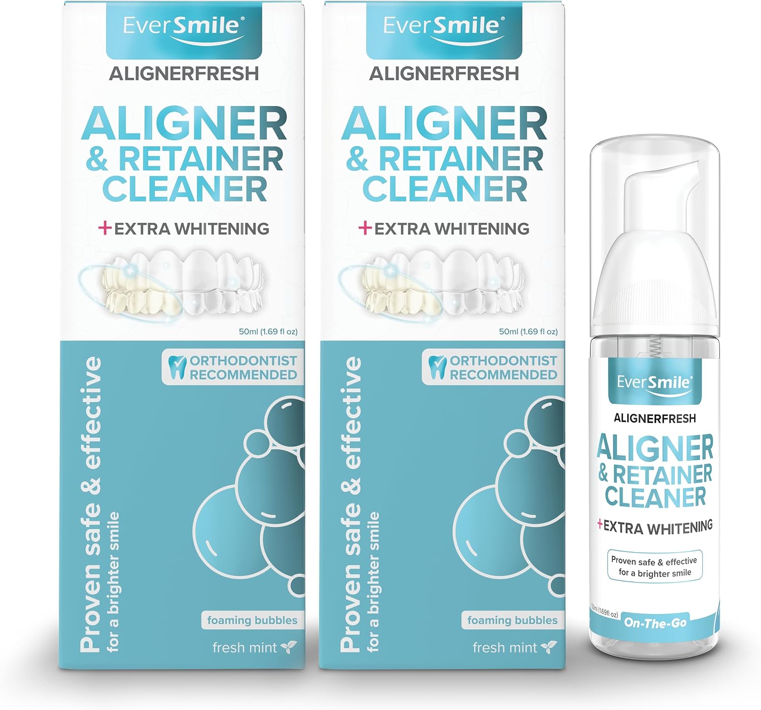 EverSmile AlignerFresh Extra Whitening Foam – Cleaner Compatible w/Invisalign and All Clear Aligners and Retainers – Eliminates Bacteria, Whitens Teeth, Fights Bad Breath – 50ml (2 Pack)