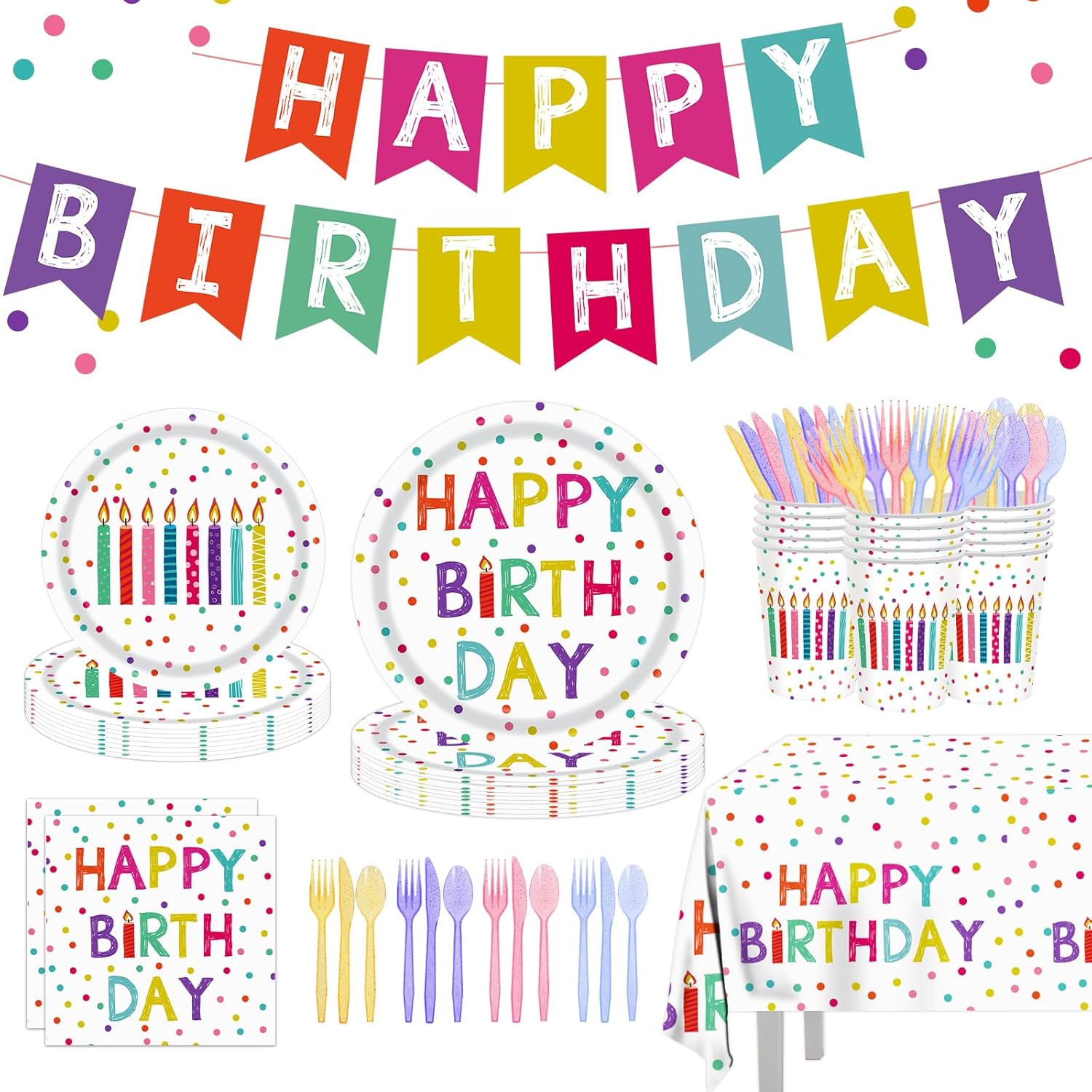 142pcs Happy Birthday Party Supplies Set with Colorful Polka Dots Design- Includes Disposable Paper Birthday Plates and Napkins, Cups, Tablecloth, and Banner,Dots Party Supplies Serves 20 Guests