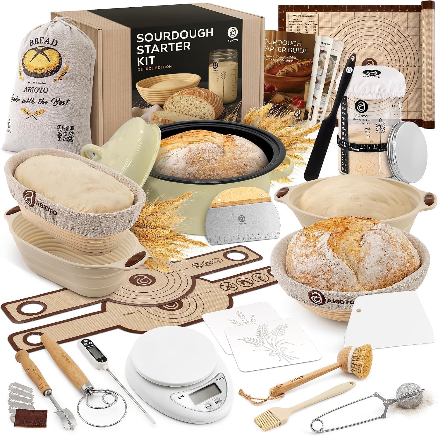Sourdough Starter Kit with Dutch Oven and Scale - Complete Sourdough Kit with Proofing Baskets, 34oz Jar, Slings, and Other Premium Bread Making Tools - Perfect Baking Gifts for Women, Men, and Bakers