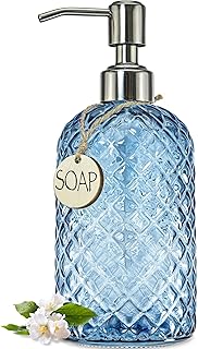 JASAI 18Oz Gem Patterned Glass Soap Dispenser for Kitchen, Refillable Hand Soap Dispenser with Rust Proof Stainless Steel Pump, Clear Soap Dispenser Bathroom for Dish Soap, Hand soap, Lotion(Blue)