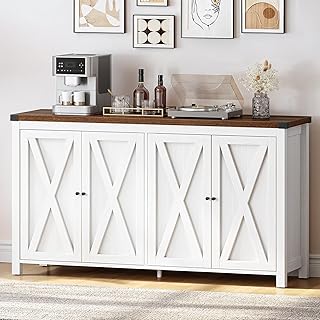 YITAHOME 55'' Farmhouse Buffet Cabinet with Storage, Kitchen Sideboard with 4 Doors, Large Storage Cabinet, Coffee Bar Cabinet with Adjustable Shelf for Living Room, White