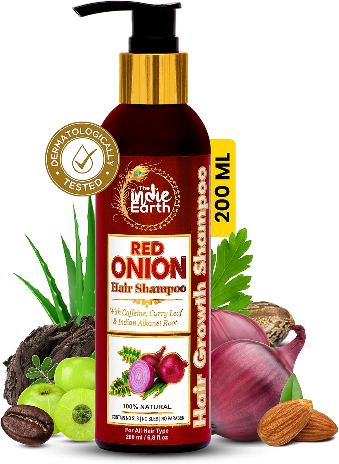 The Indie Earth Red Onion Shampoo with Caffeine Curry Leaf and Indian Alkanet Root Controlling Hair Fall Splitends Promotes Healthy Hair Growth - 200ml Best Onion Shampoo