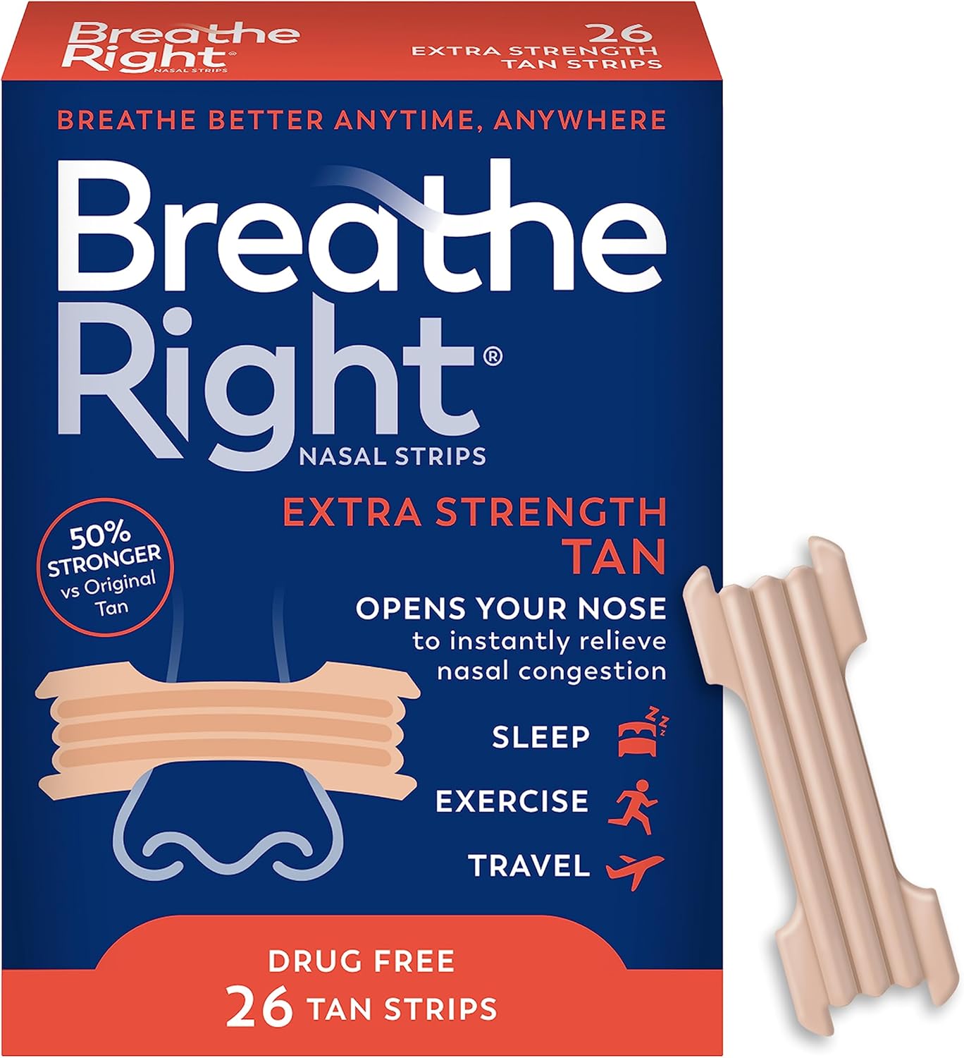 Breathe Right Nasal Strips, Extra Strength, Tan Nasal Strips, Help Stop Snoring, Drug-Free Snoring Solution & Instant Nasal Congestion Relief Caused by Colds & Allergies, 26 Count (Packaging May Vary)