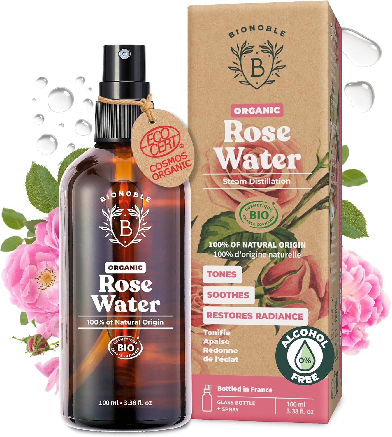 Bionoble Organic Rose Water 100ml - 100% Pure and Natural Damask Rose Hydrolat - Face, Eye Contour, Body, Hair - Glass Bottle + Spray