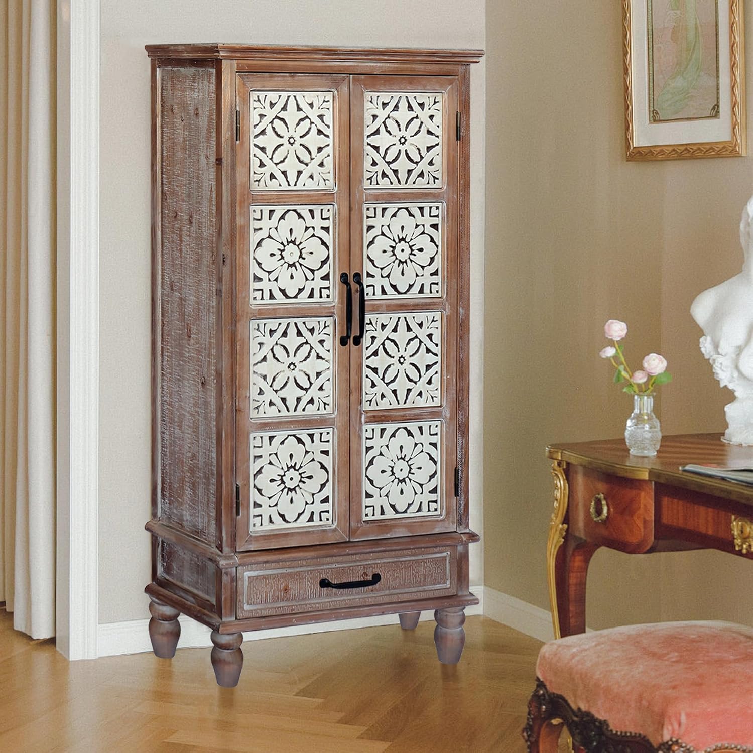 Rustic Tall Decorative Storage Cabinet Distressed Wood Storage Cabinet with Doors and Drawer for Living Room, Dining Room, Entryway,Natural+White